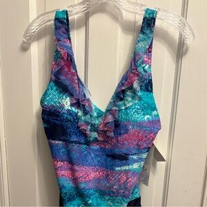 Blue and Pink One Piece Women’s Swimsuit with Artistic Pattern